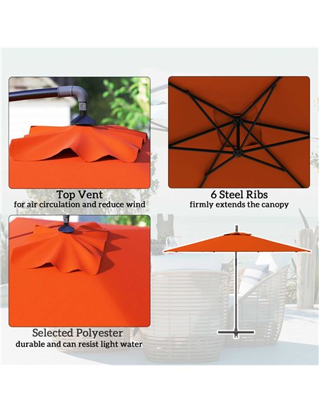 Outsunny 3(m) Cantilever Overhanging Parasol, with Cross Base - Orange - pic 188657 | FastDaddyshop