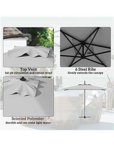 Outsunny 3(m) Cantilever Overhanging Parasol, with Cross Base - Light Grey
