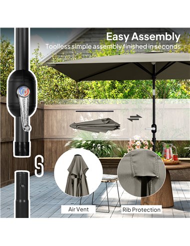 Outsunny 3x2m Patio Parasol Garden Umbrellas Canopy with Aluminium Tilt Crank Rectangular Sun Shade Steel, Light Grey