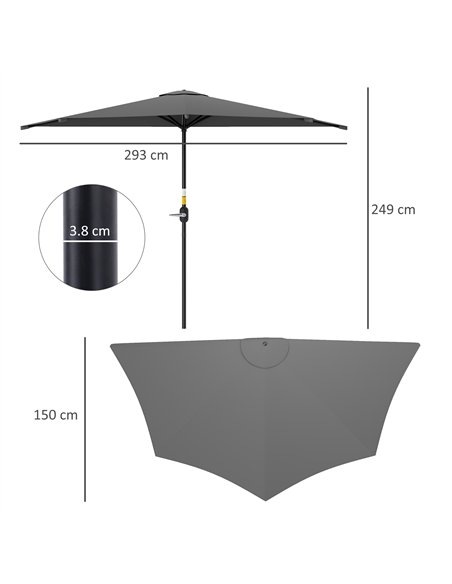 Outsunny 3(m) Half Parasol, Semi Round Umbrella with Metal Frame, Crank Handle for Balcony, Garden, Dark Grey - pic 188691 | FastDaddyshop