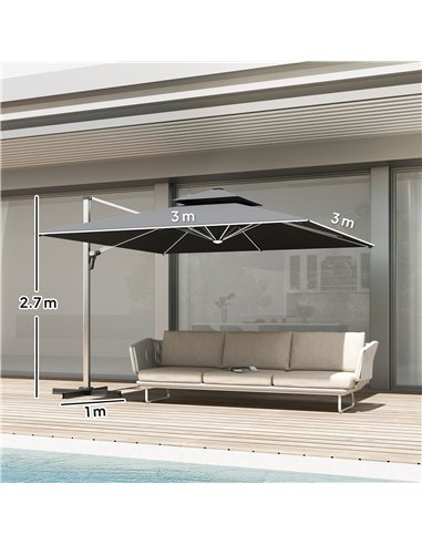 Outsunny 3(m) Garden Cantilever Parasol with Solar LED Lights, Cross Base, 360° Rotation, Crank Handle and Tilt, Grey