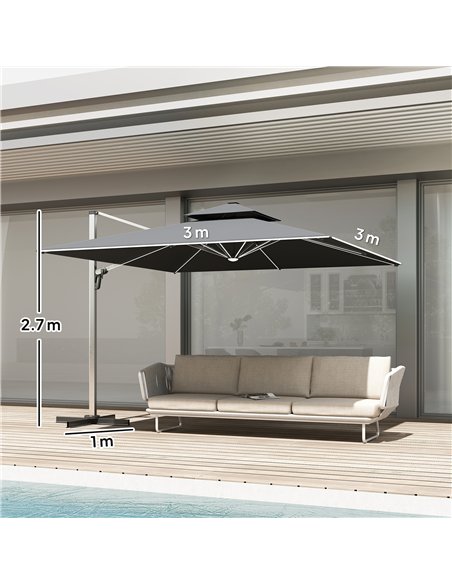 Outsunny 3(m) Garden Cantilever Parasol with Solar LED Lights, Cross Base, 360° Rotation, Crank Handle and Tilt, Grey - pic 188772 | FastDaddyshop