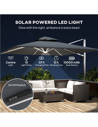 Outsunny 3(m) Garden Cantilever Parasol with Solar LED Lights, Cross Base, 360° Rotation, Crank Handle and Tilt, Grey