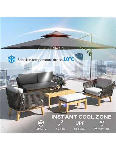 Outsunny 3(m) Garden Cantilever Parasol with Solar LED Lights, Cross Base, 360° Rotation, Crank Handle and Tilt, Grey