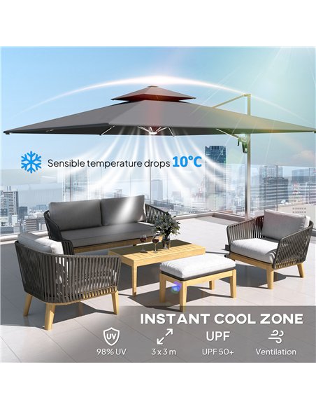 Outsunny 3(m) Garden Cantilever Parasol with Solar LED Lights, Cross Base, 360° Rotation, Crank Handle and Tilt, Grey - pic 188774 | FastDaddyshop