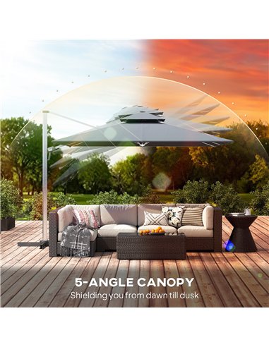 Outsunny 3(m) Garden Cantilever Parasol with Solar LED Lights, Cross Base, 360° Rotation, Crank Handle and Tilt, Grey