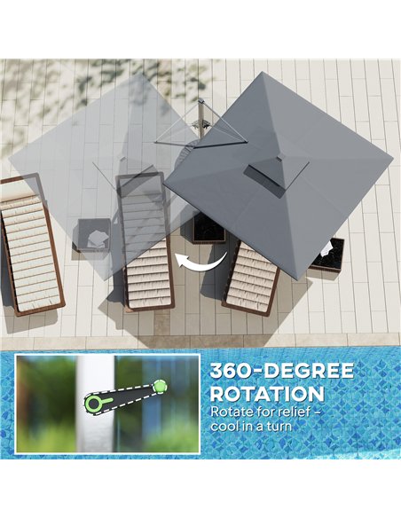 Outsunny 3(m) Garden Cantilever Parasol with Solar LED Lights, Cross Base, 360° Rotation, Crank Handle and Tilt, Grey - pic 188777 | FastDaddyshop
