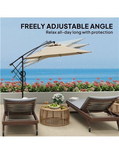 Outsunny 3(m) Garden Cantilever Parasol with Cover and Wind Protection Strap, Round Overhanging Umbrella with Crank Handle and T