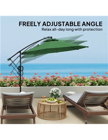 Outsunny 3(m) Garden Cantilever Parasol with Cover and Wind Protection Strap, Round Overhanging Umbrella with Crank Handle and T