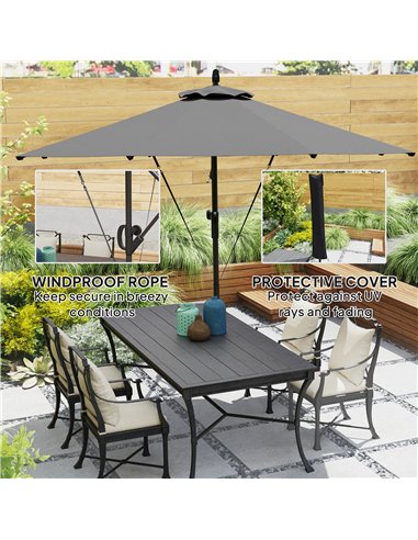 Outsunny 3(m) Garden Cantilever Parasol with Cover and Wind Protection Strap, Round Overhanging Umbrella with Crank Handle and T