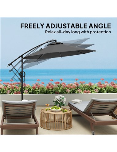 Outsunny 3(m) Garden Cantilever Parasol with Cover and Wind Protection Strap, Round Overhanging Umbrella with Crank Handle and T