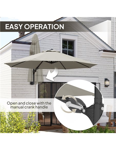 Outsunny 3(m) Wall-Mounted Parasol Shade, with Handle - Light Grey - pic 188855 | FastDaddyshop