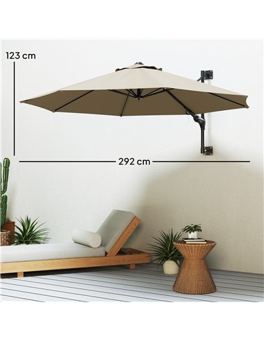 Outsunny 3(m) Wall-Mounted Parasol Shade, with Handle - Khaki