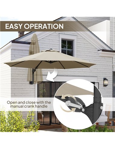 Outsunny 3(m) Wall-Mounted Parasol Shade, with Handle - Khaki