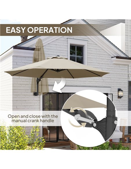 Outsunny 3(m) Wall-Mounted Parasol Shade, with Handle - Khaki - pic 188873 | FastDaddyshop