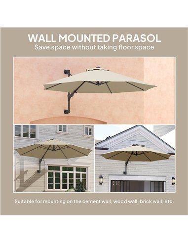 Outsunny 3(m) Wall-Mounted Parasol Shade, with Handle - Khaki