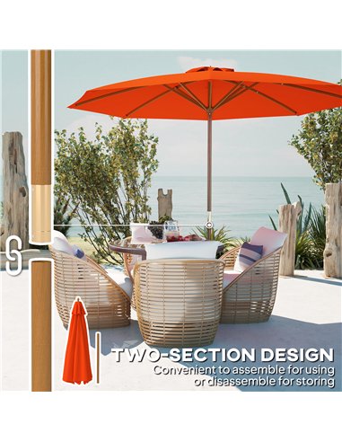 Outsunny 3m Wood Pole Parasol Umbrella - Orange