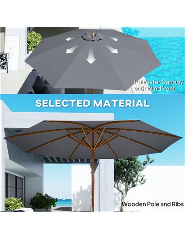 Outsunny 3m Wood Pole Parasol Umbrella - Grey