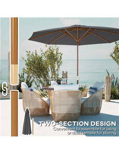 Outsunny 3m Wood Pole Parasol Umbrella - Grey