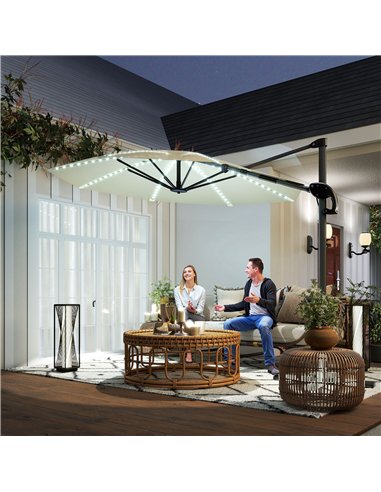 Outsunny 3(m) Cantilever Garden Parasol with Solar Powered Lights, Crank Handle & Cross Base, UPF 50+, 360° Rotation, Cream