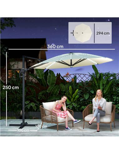 Outsunny 3(m) Cantilever Garden Parasol with Solar Powered Lights, Crank Handle & Cross Base, UPF 50+, 360° Rotation, Cream