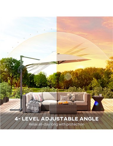 Outsunny 3(m) Cantilever Garden Parasol with Solar Powered Lights, Crank Handle & Cross Base, UPF 50+, 360° Rotation, Cream