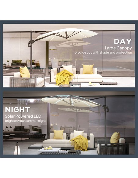 Outsunny 3(m) Cantilever Garden Parasol with Solar Powered Lights, Crank Handle & Cross Base, UPF 50+, 360° Rotation, Cream - pic 188919 | FastDaddyshop