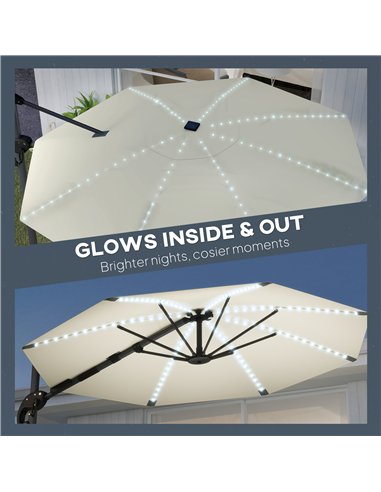 Outsunny 3(m) Cantilever Garden Parasol with Solar Powered Lights, Crank Handle & Cross Base, UPF 50+, 360° Rotation, Cream