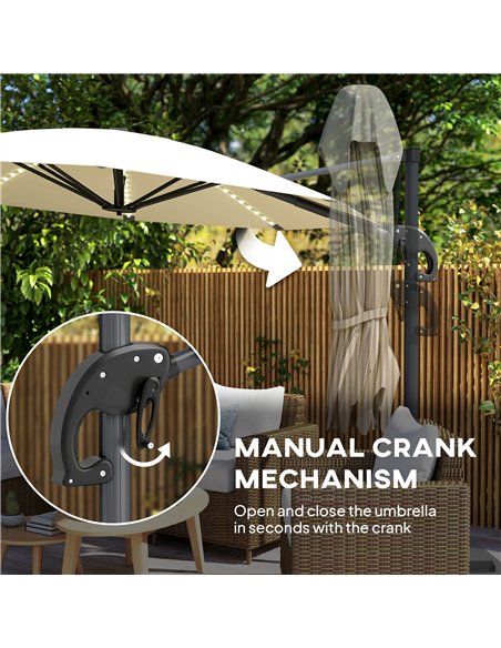 Outsunny 3(m) Cantilever Garden Parasol with Solar Powered Lights, Crank Handle & Cross Base, UPF 50+, 360° Rotation, Cream - pic 188922 | FastDaddyshop