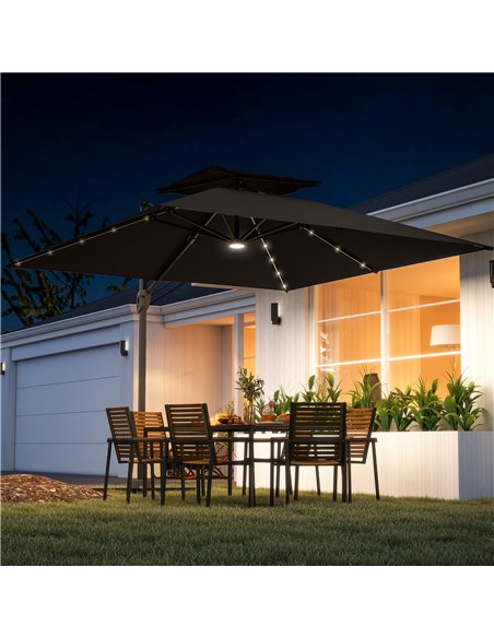 Outsunny 3.5x3 m Garden Cantilever Parasol with Solar LED Lights and Centre Light, Aluminium Large Square Patio Umbrella, UPF50+ - pic 188924 | FastDaddyshop