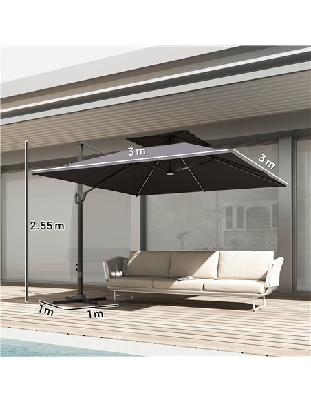 Outsunny 3.5x3 m Garden Cantilever Parasol with Solar LED Lights and Centre Light, Aluminium Large Square Patio Umbrella, UPF50+ - pic 188925 | FastDaddyshop