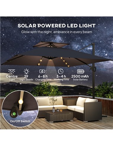 Outsunny 3.5x3 m Garden Cantilever Parasol with Solar LED Lights and Centre Light, Aluminium Large Square Patio Umbrella, UPF50+