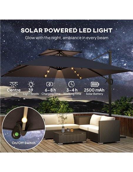 Outsunny 3.5x3 m Garden Cantilever Parasol with Solar LED Lights and Centre Light, Aluminium Large Square Patio Umbrella, UPF50+ - pic 188926 | FastDaddyshop