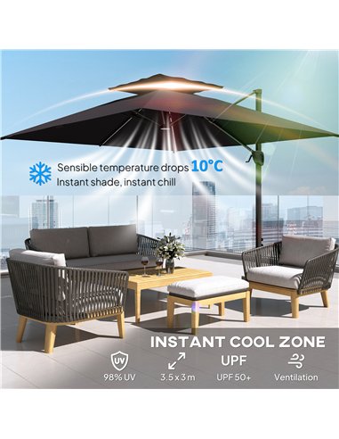 Outsunny 3.5x3 m Garden Cantilever Parasol with Solar LED Lights and Centre Light, Aluminium Large Square Patio Umbrella, UPF50+