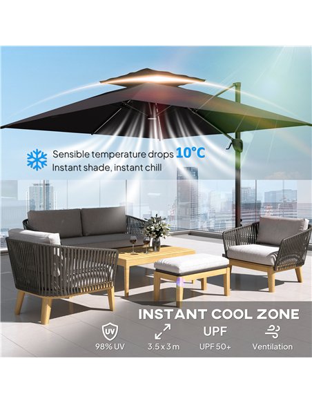Outsunny 3.5x3 m Garden Cantilever Parasol with Solar LED Lights and Centre Light, Aluminium Large Square Patio Umbrella, UPF50+ - pic 188927 | FastDaddyshop