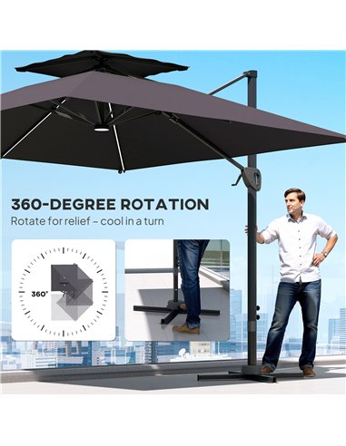 Outsunny 3.5x3 m Garden Cantilever Parasol with Solar LED Lights and Centre Light, Aluminium Large Square Patio Umbrella, UPF50+