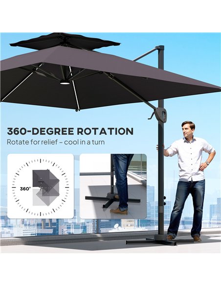 Outsunny 3.5x3 m Garden Cantilever Parasol with Solar LED Lights and Centre Light, Aluminium Large Square Patio Umbrella, UPF50+ - pic 188930 | FastDaddyshop
