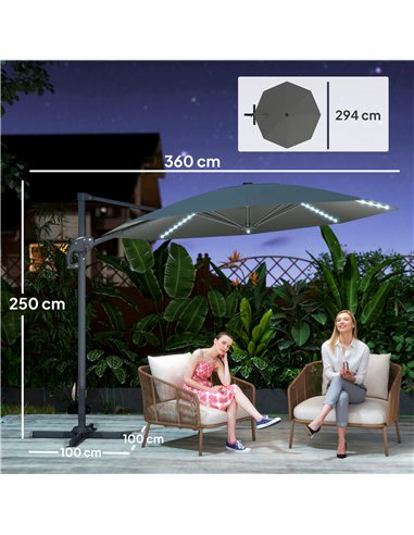 Outsunny 3(m) Cantilever Garden Parasol with Solar Powered Lights, Crank Handle & Cross Base, UPF 50+, 360° Rotation, Dark Grey