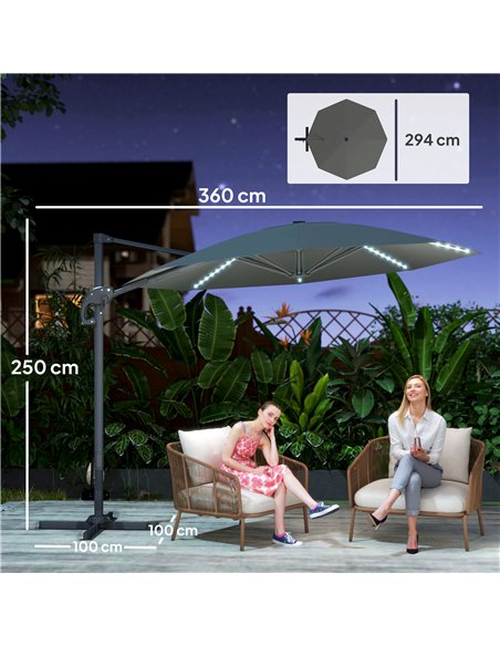 Outsunny 3(m) Cantilever Garden Parasol with Solar Powered Lights, Crank Handle & Cross Base, UPF 50+, 360° Rotation, Dark Grey - pic 188934 | FastDaddyshop