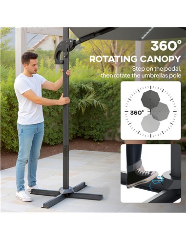 Outsunny 3(m) Cantilever Garden Parasol with Solar Powered Lights, Crank Handle & Cross Base, UPF 50+, 360° Rotation, Dark Grey