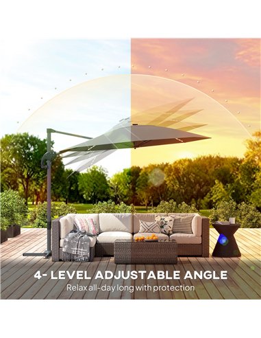 Outsunny 3(m) Cantilever Garden Parasol with Solar Powered Lights, Crank Handle & Cross Base, UPF 50+, 360° Rotation, Dark Grey