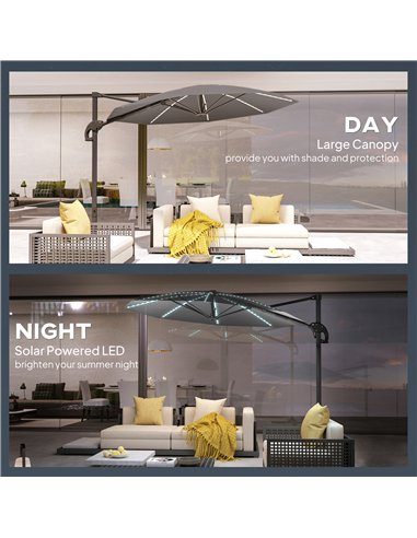 Outsunny 3(m) Cantilever Garden Parasol with Solar Powered Lights, Crank Handle & Cross Base, UPF 50+, 360° Rotation, Dark Grey