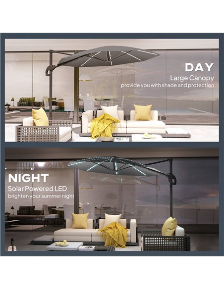 Outsunny 3(m) Cantilever Garden Parasol with Solar Powered Lights, Crank Handle & Cross Base, UPF 50+, 360° Rotation, Dark Grey - pic 188937 | FastDaddyshop