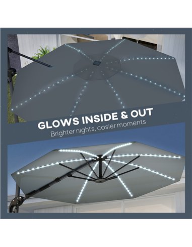 Outsunny 3(m) Cantilever Garden Parasol with Solar Powered Lights, Crank Handle & Cross Base, UPF 50+, 360° Rotation, Dark Grey