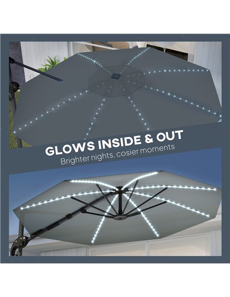 Outsunny 3(m) Cantilever Garden Parasol with Solar Powered Lights, Crank Handle & Cross Base, UPF 50+, 360° Rotation, Dark Grey - pic 188938 | FastDaddyshop