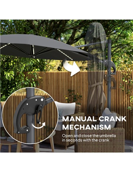 Outsunny 3(m) Cantilever Garden Parasol with Solar Powered Lights, Crank Handle & Cross Base, UPF 50+, 360° Rotation, Dark Grey - pic 188940 | FastDaddyshop