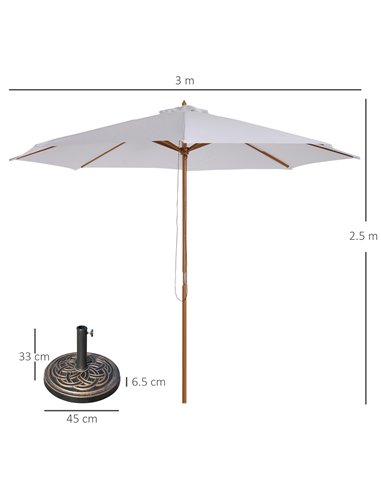 Outsunny 3 m Garden Parasol with Base, Pulley Operated Patio Umbrella, Wooden Parasol, Table Market Umbrella with Rope Pulley Me
