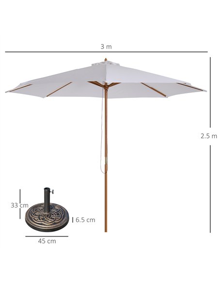 Outsunny 3 m Garden Parasol with Base, Pulley Operated Patio Umbrella, Wooden Parasol, Table Market Umbrella with Rope Pulley Me - pic 188943 | FastDaddyshop
