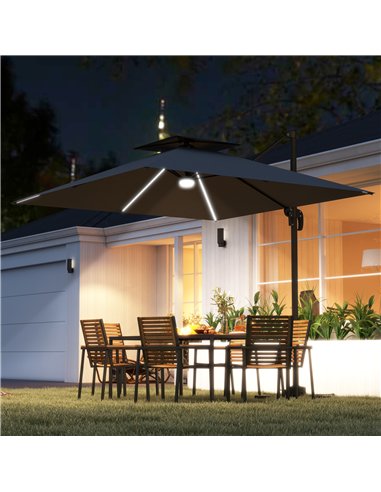 Outsunny 2.5m Cantilever Parasol with Solar Powered LED Lights, 360° Rotation, Tilt Adjustment, Crank Handle, Dark Grey