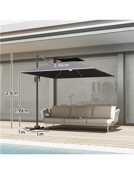 Outsunny 2.5m Cantilever Parasol with Solar Powered LED Lights, 360° Rotation, Tilt Adjustment, Crank Handle, Dark Grey - pic 189006 | FastDaddyshop